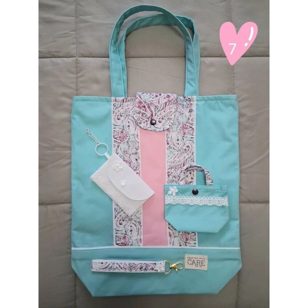 Handcrafted Teal and Pink Paisley Canvas Tote Bag Set 4 Piece Stitched with Love